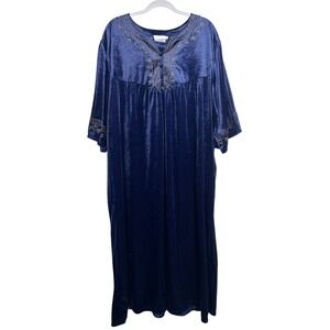 Vintage National Lounge Dress Womens 4X, 5X Navy Blue Velour Embroidered Caftan